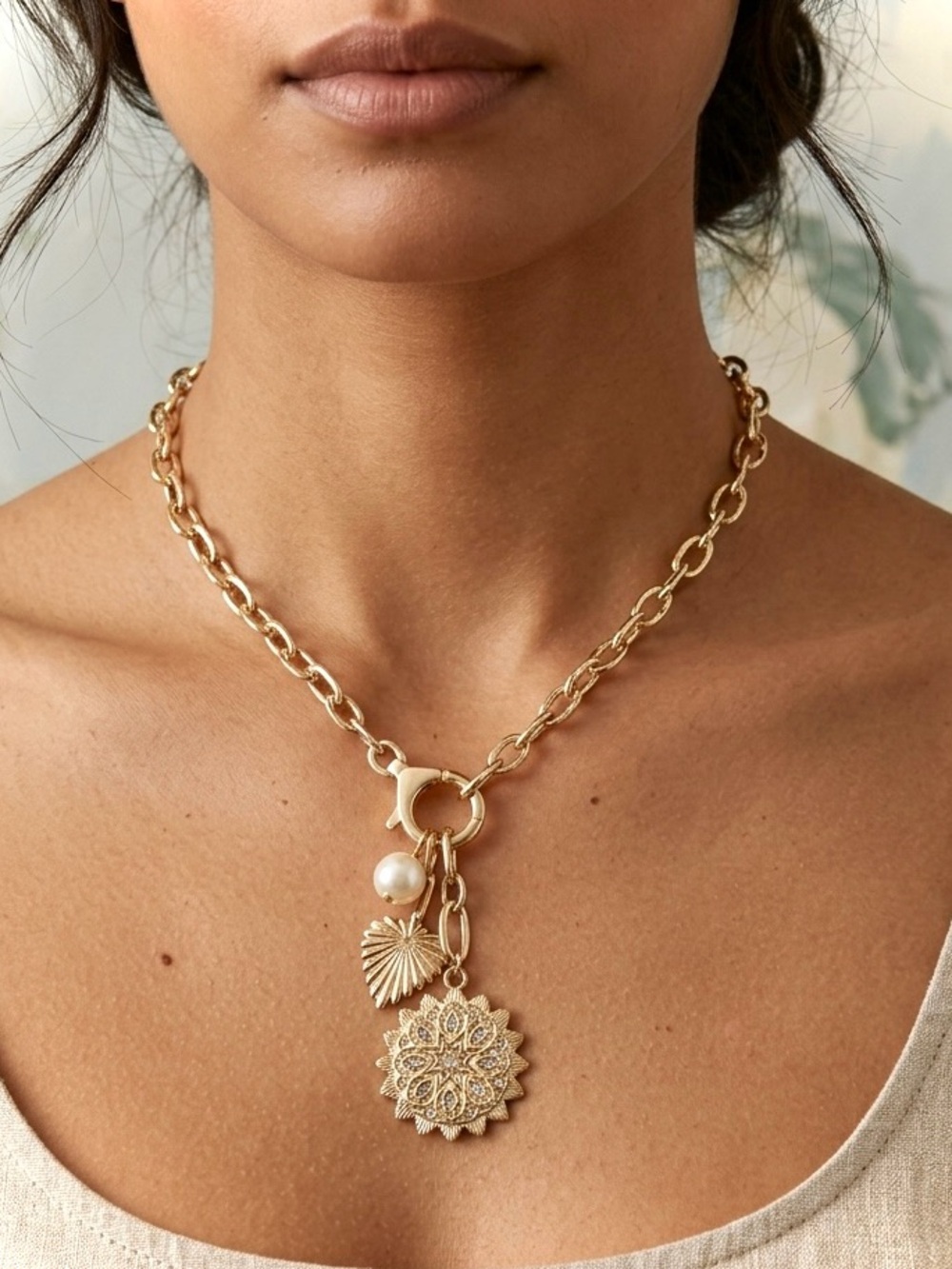 NEW Designer Gold Multi Charm Pendant Chain Necklace with Pearl Accent